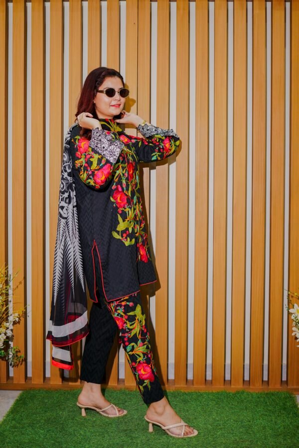 Black Ethnic Outfit with Bold Red Floral Embroidery