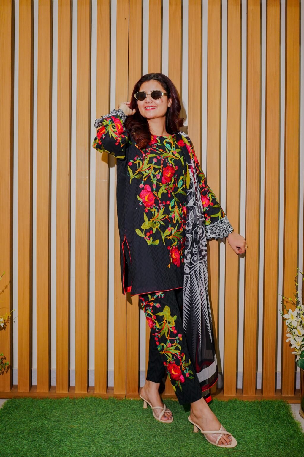 Black Ethnic Outfit with Bold Red Floral Embroidery