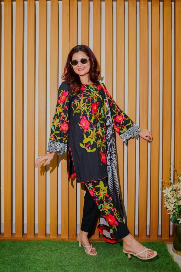 Black Ethnic Outfit with Bold Red Floral Embroidery