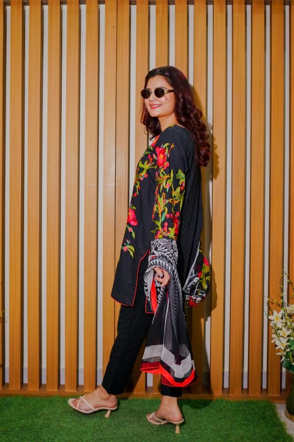 Black Ethnic Outfit with Bold Red Floral Embroidery
