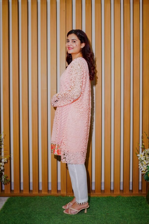 Blush Bloom – 2-Piece Peach Lace Kurti Set
