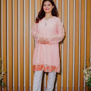 Blush Bloom – 2-Piece Peach Lace Kurti Set