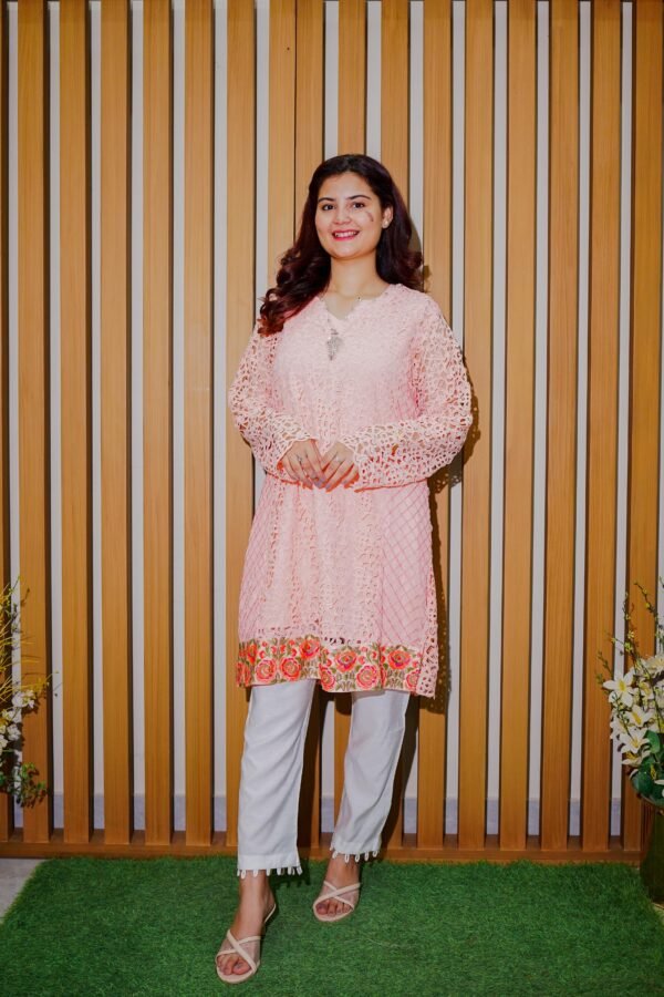 Blush Bloom – 2-Piece Peach Lace Kurti Set