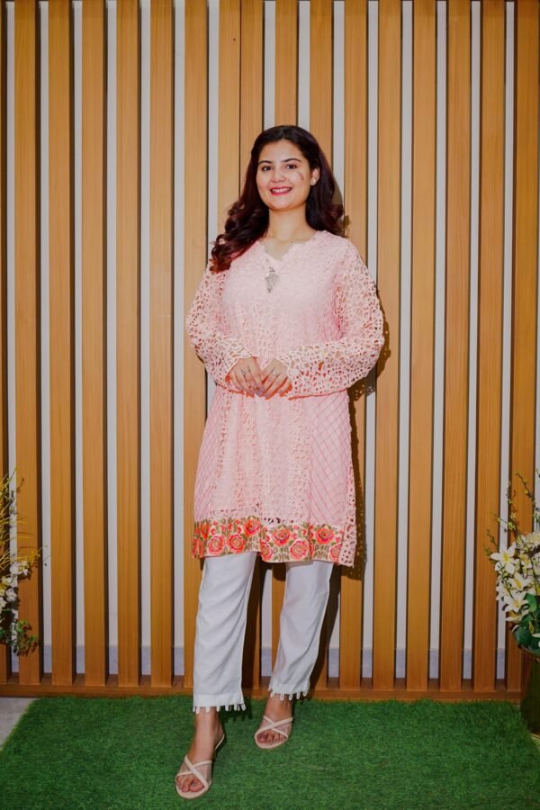 Blush Bloom – 2-Piece Peach Lace Kurti Set