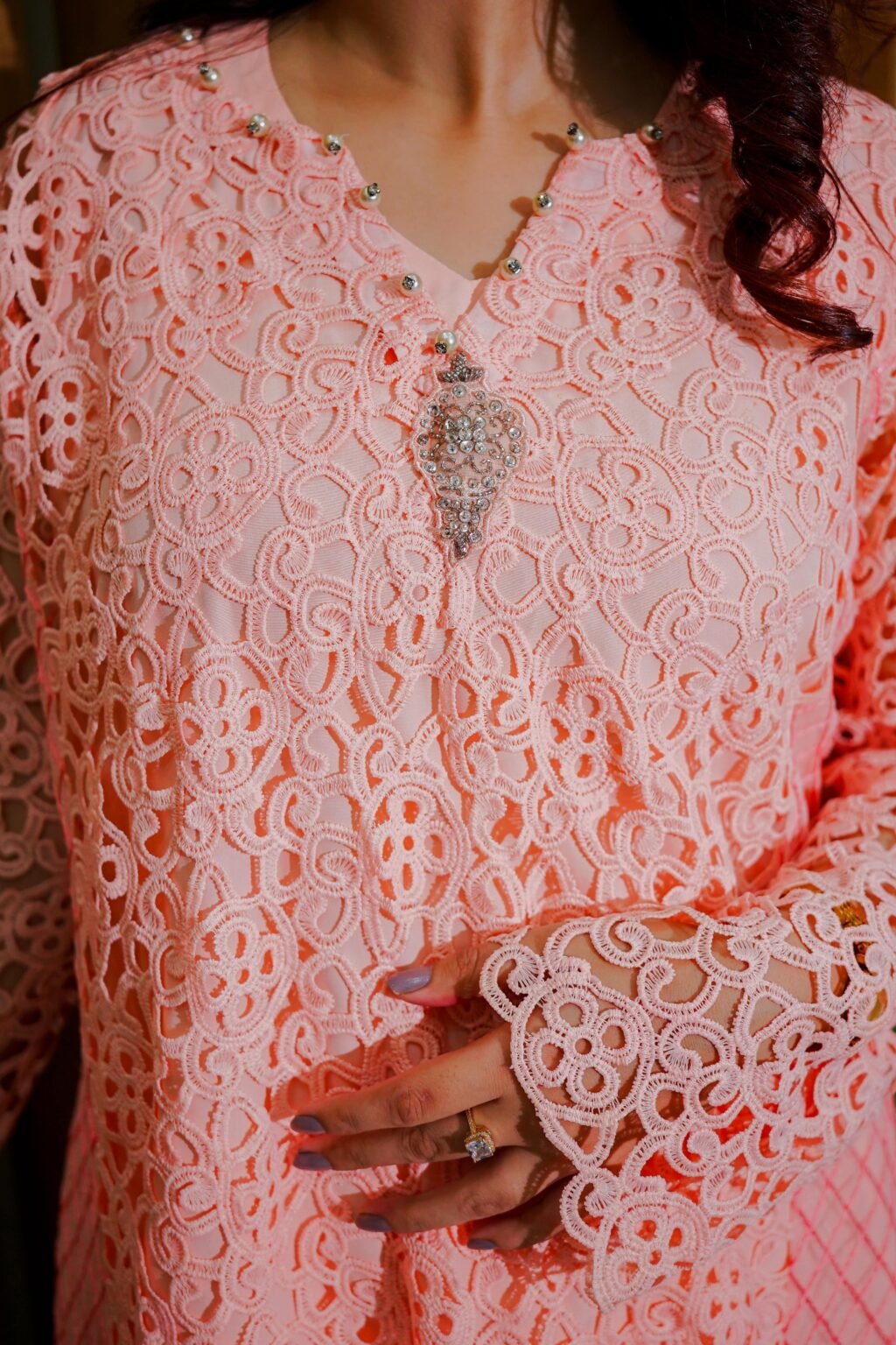 Blush Bloom – 2-Piece Peach Lace Kurti Set