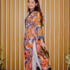 Bold Abstract Printed Ethnic Outfit in Orange and Purple Tones