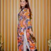 Bold Abstract Printed Ethnic Outfit in Orange and Purple Tones