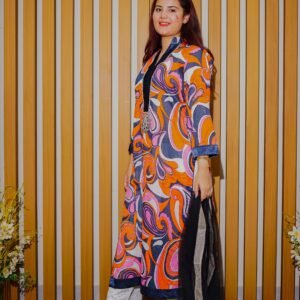 Bold Abstract Printed Ethnic Outfit in Orange and Purple Tones