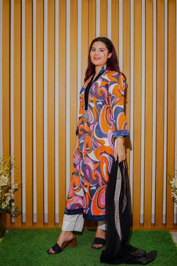 Bold Abstract Printed Ethnic Outfit in Orange and Purple Tones