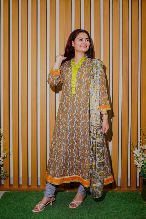 Rust & Yellow Printed Lawn Suit with Traditional Motifs and Dupatta