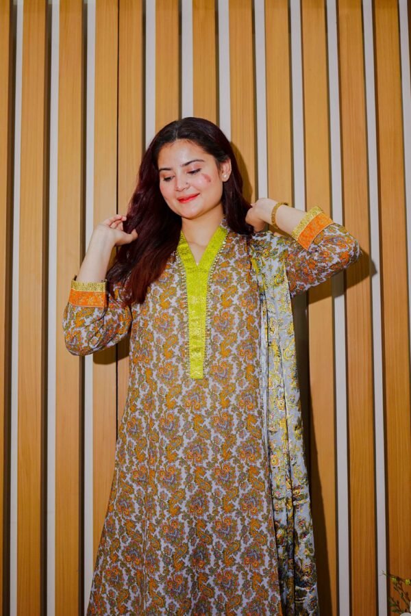 Rust & Yellow Printed Lawn Suit with Traditional Motifs and Dupatta