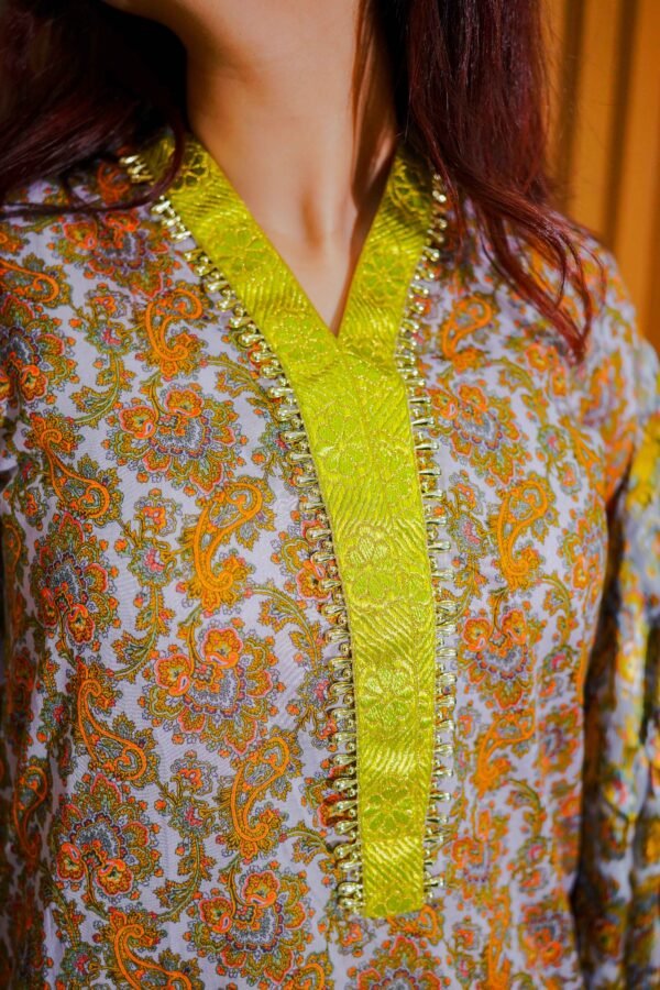 Rust & Yellow Printed Lawn Suit with Traditional Motifs and Dupatta