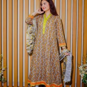 Rust & Yellow Printed Lawn Suit with Traditional Motifs and Dupatta