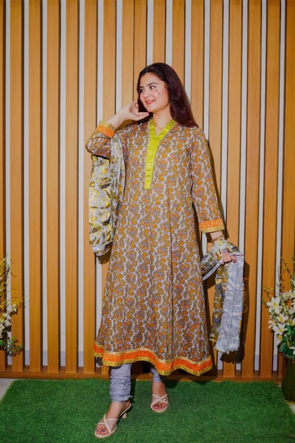 Rust & Yellow Printed Lawn Suit with Traditional Motifs and Dupatta