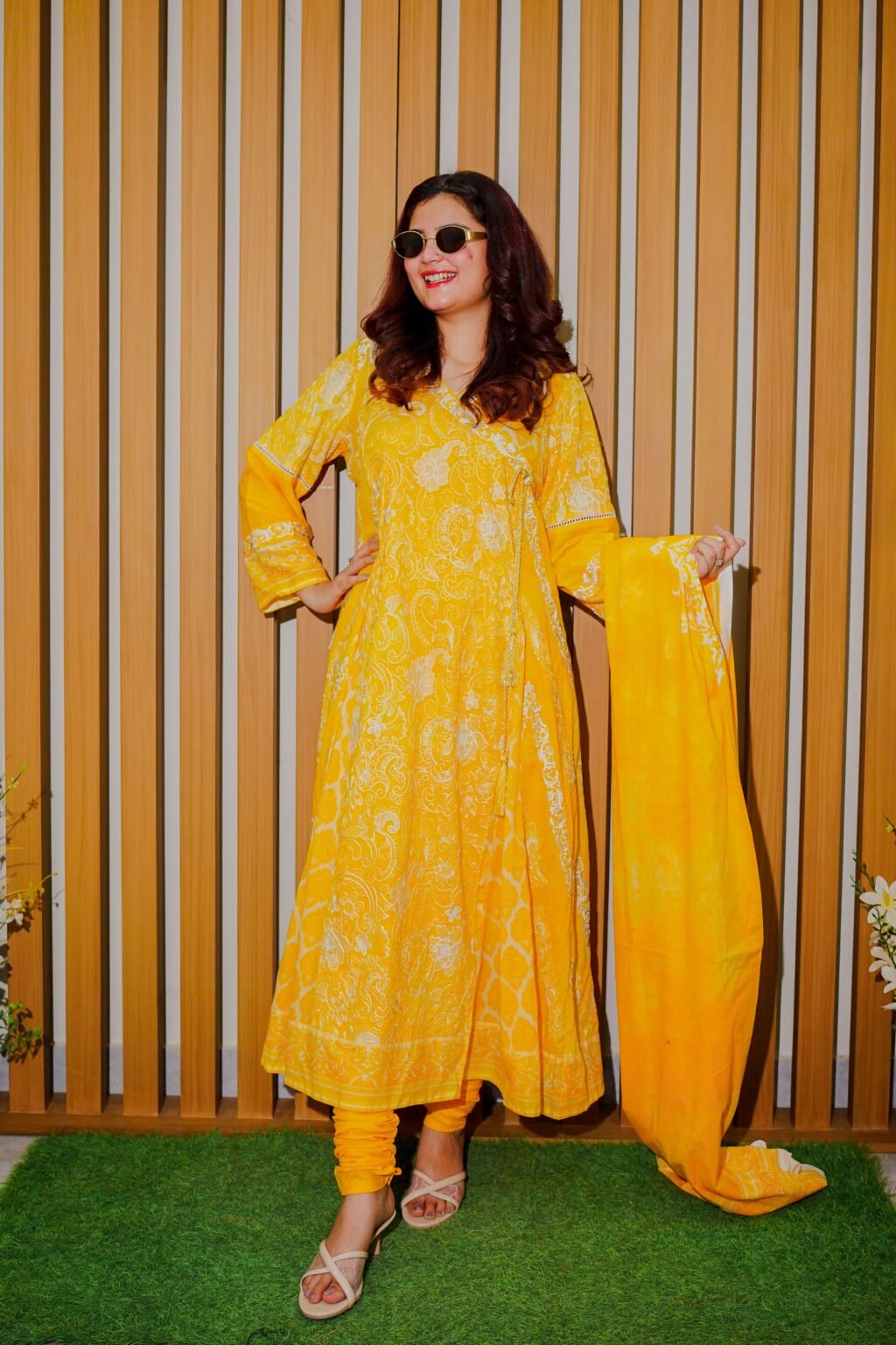 Bright Yellow Ethnic Wear with White Traditional Print