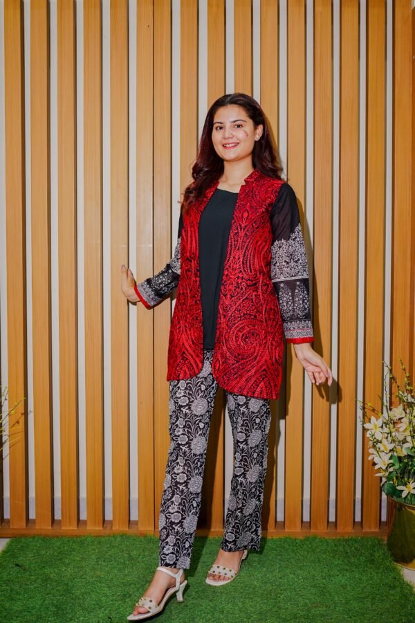 Black & White Ethnic Suit with Red Embroidered Sleeveless Jacket