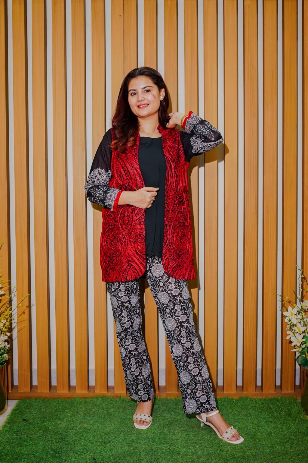 Black & White Ethnic Suit with Red Embroidered Sleeveless Jacket
