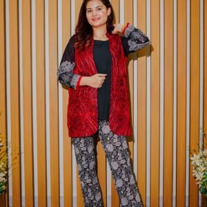 Black & White Ethnic Suit with Red Embroidered Sleeveless Jacket