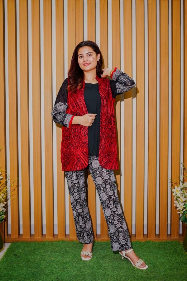 Black & White Ethnic Suit with Red Embroidered Sleeveless Jacket