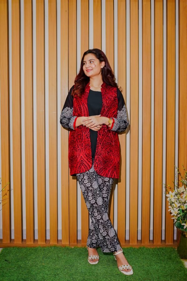 Black & White Ethnic Suit with Red Embroidered Sleeveless Jacket