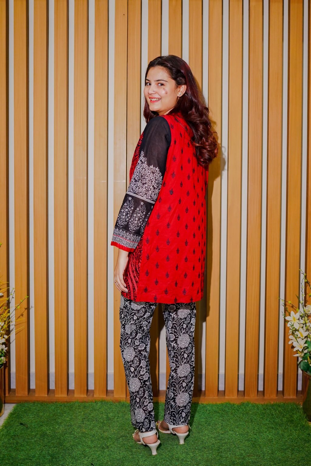 Black & White Ethnic Suit with Red Embroidered Sleeveless Jacket