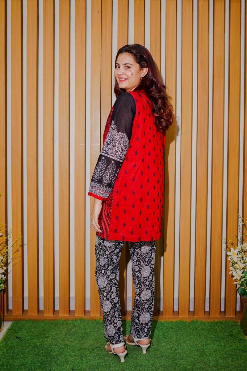 Black & White Ethnic Suit with Red Embroidered Sleeveless Jacket