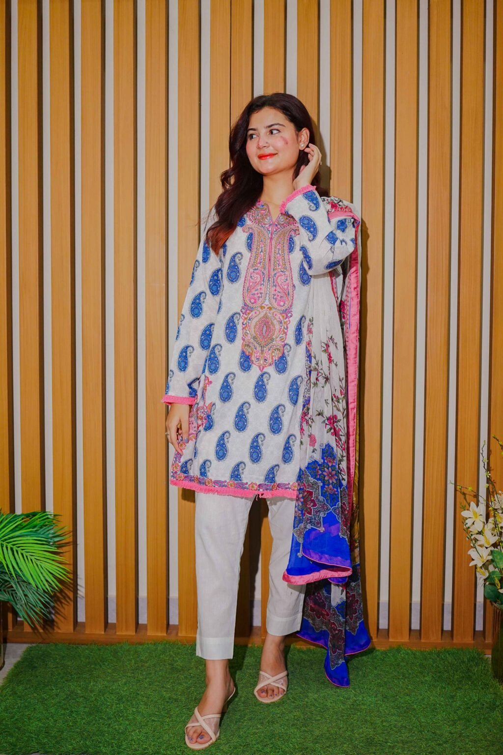 White & Blue Paisley Embroidered Lawn Suit with Vibrant Dupatta