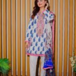 White & Blue Paisley Embroidered Lawn Suit with Vibrant Dupatta