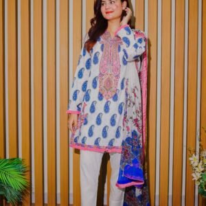 White & Blue Paisley Embroidered Lawn Suit with Vibrant Dupatta