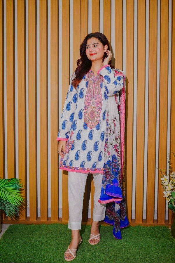 White & Blue Paisley Embroidered Lawn Suit with Vibrant Dupatta