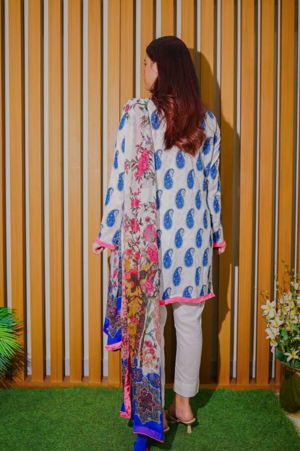 White & Blue Paisley Embroidered Lawn Suit with Vibrant Dupatta