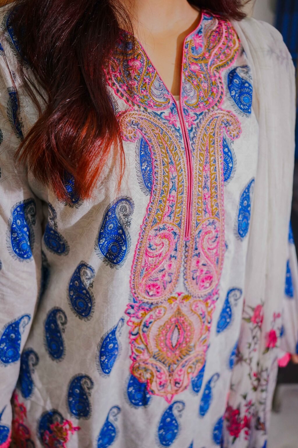 White & Blue Paisley Embroidered Lawn Suit with Vibrant Dupatta