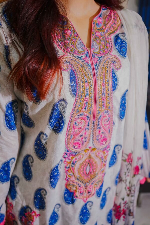 White & Blue Paisley Embroidered Lawn Suit with Vibrant Dupatta