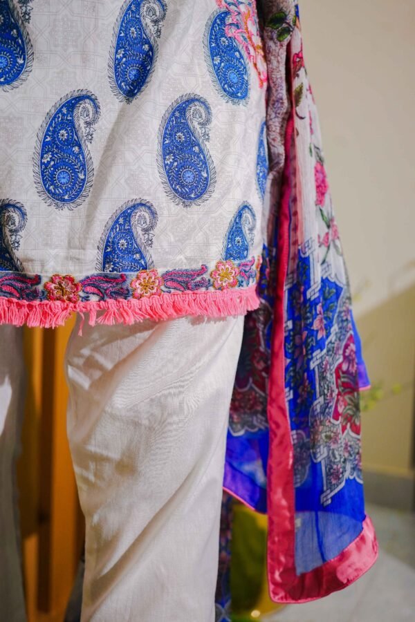 White & Blue Paisley Embroidered Lawn Suit with Vibrant Dupatta