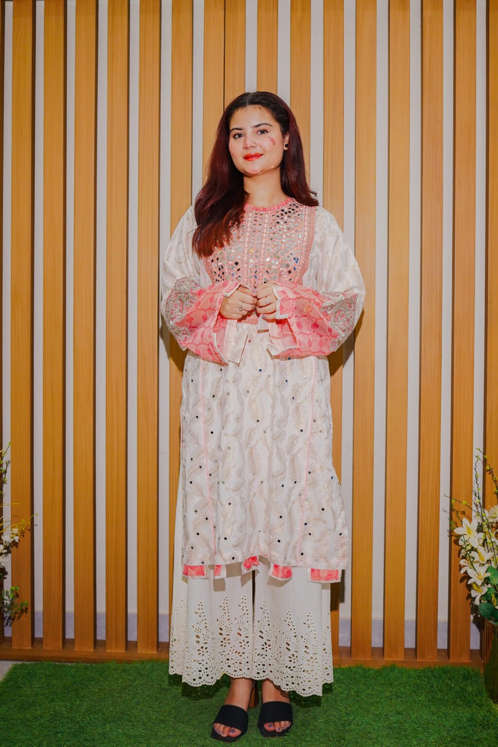 Soft White and Peach Embroidered Mirror Work Suit