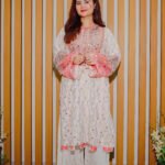 Soft White and Peach Embroidered Mirror Work Suit