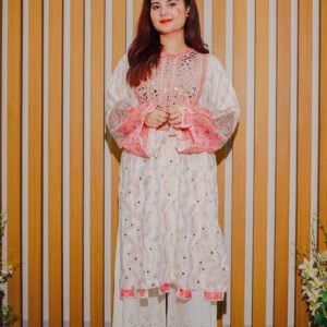 Soft White and Peach Embroidered Mirror Work Suit