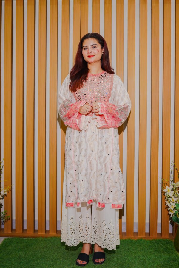 Soft White and Peach Embroidered Mirror Work Suit