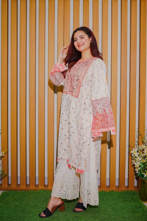 Soft White and Peach Embroidered Mirror Work Suit