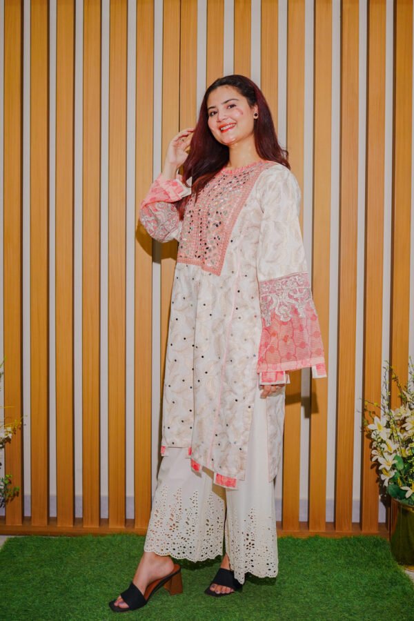 Soft White and Peach Embroidered Mirror Work Suit
