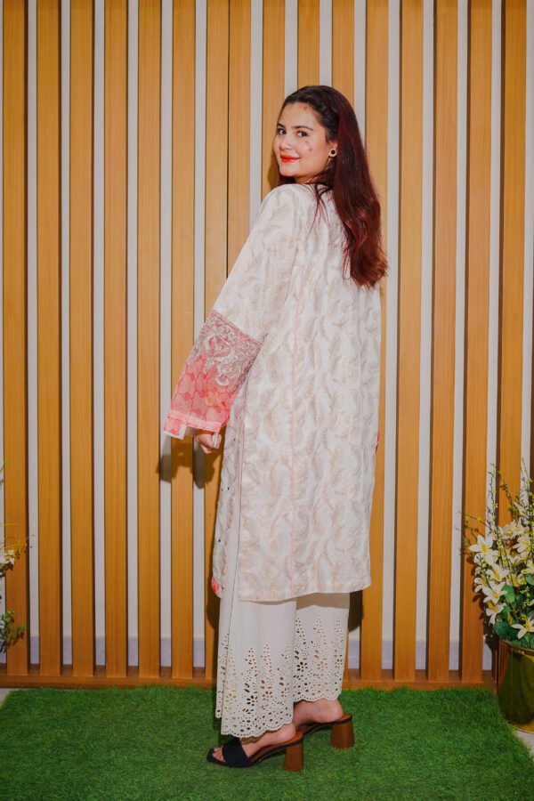 Soft White and Peach Embroidered Mirror Work Suit