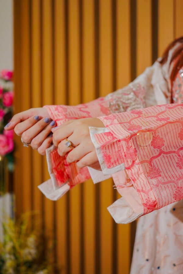 Soft White and Peach Embroidered Mirror Work Suit