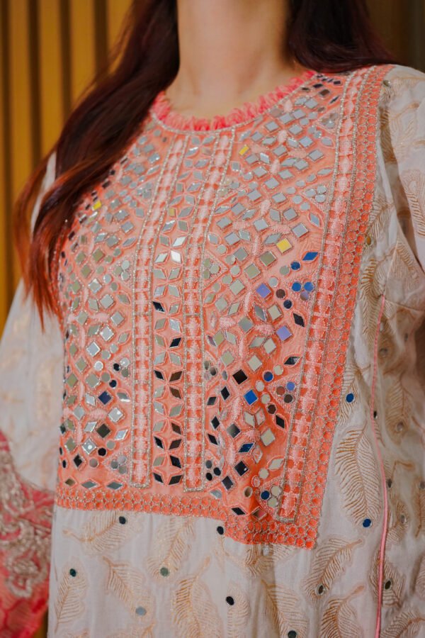 Soft White and Peach Embroidered Mirror Work Suit