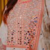 Soft White and Peach Embroidered Mirror Work Suit