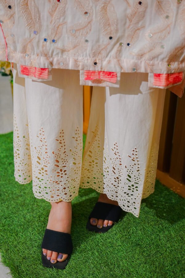 Soft White and Peach Embroidered Mirror Work Suit