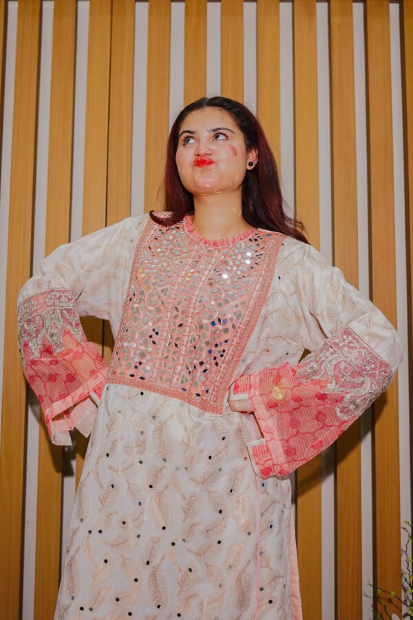 Soft White and Peach Embroidered Mirror Work Suit