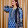 Elegant Blue Printed Lawn Suit with Embroidered Neckline & Contrasting Dupatta