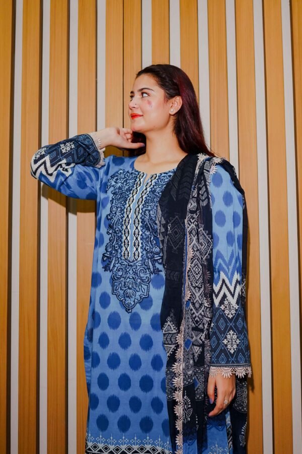Elegant Blue Printed Lawn Suit with Embroidered Neckline & Contrasting Dupatta