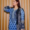 Elegant Blue Printed Lawn Suit with Embroidered Neckline & Contrasting Dupatta