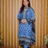 Elegant Blue Printed Lawn Suit with Embroidered Neckline & Contrasting Dupatta